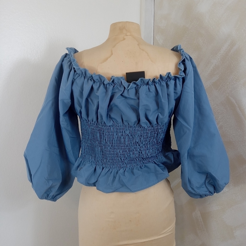 Women Ruffled Off-The-Shoulder Lace-Up Peplum Top Dusty Blue - Picture 2 of 6